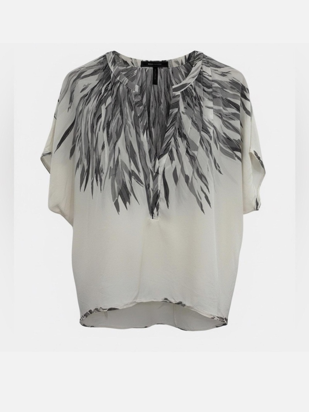 BCBGMAXAZRIA
"Tristen" Silk Blouse in Ivory and Grey Feathers. Size M. EUC